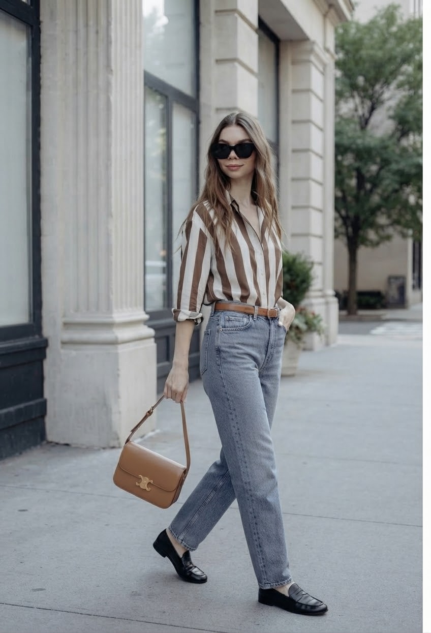 The Striped Classic Button-Down- Brown &White Stripes