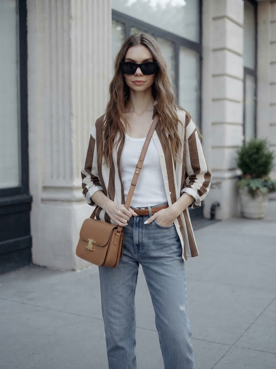 The Striped Classic Button-Down- Brown &White Stripes