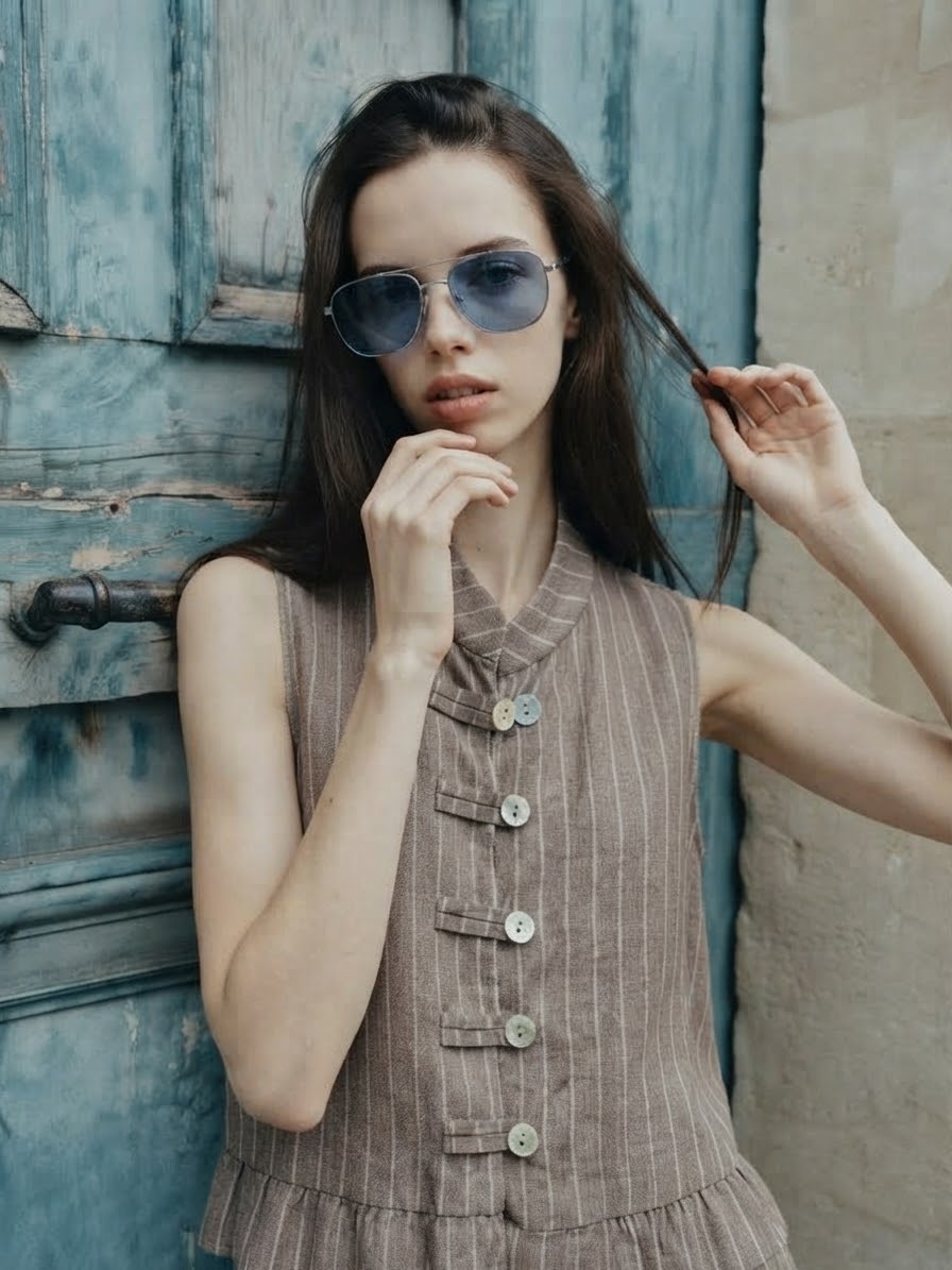 Tuscan Pinstripe Peplum Vest- Taupe