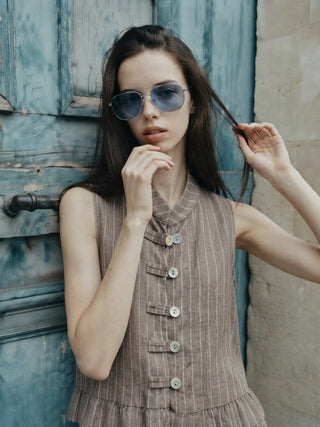 Tuscan Pinstripe Peplum Vest- Taupe