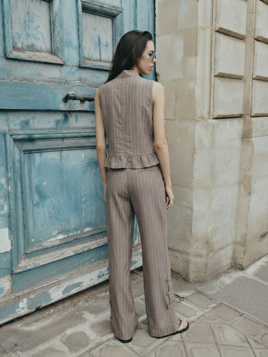 Tuscan Pinstripe Peplum Vest- Taupe