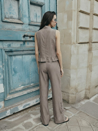 Tuscan Pinstripe Peplum Vest- Taupe