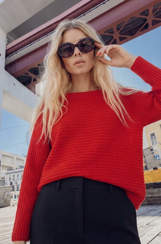 Ribbed Boatneck Sweater - Red