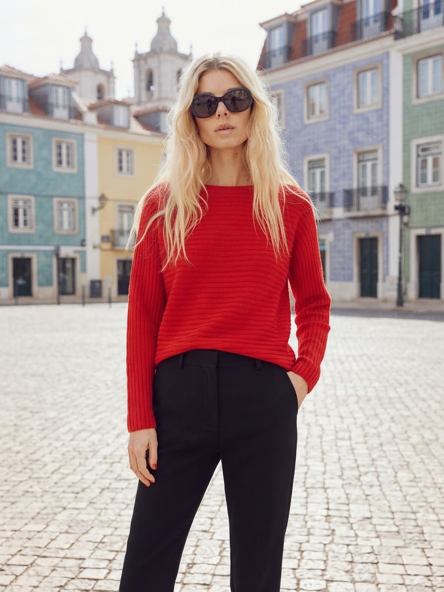Ribbed Boatneck Sweater - Red