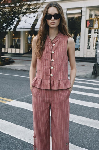 Tuscan Pinstripe Peplum Vest- Marsala