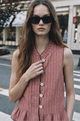 Tuscan Pinstripe Peplum Vest- Marsala