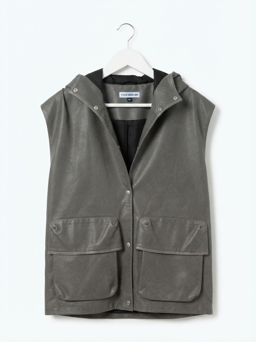 The Hooded Faux Leather Utility Vest