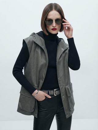 The Hooded Faux Leather Utility Vest