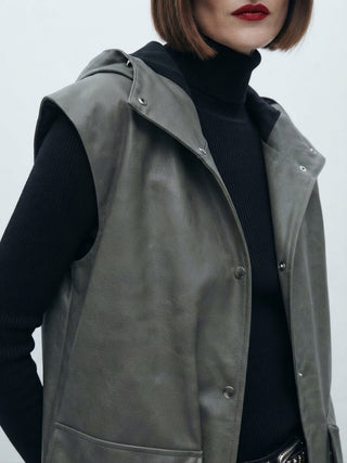 The Hooded Faux Leather Utility Vest