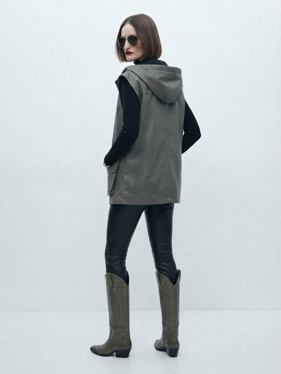 The Hooded Faux Leather Utility Vest