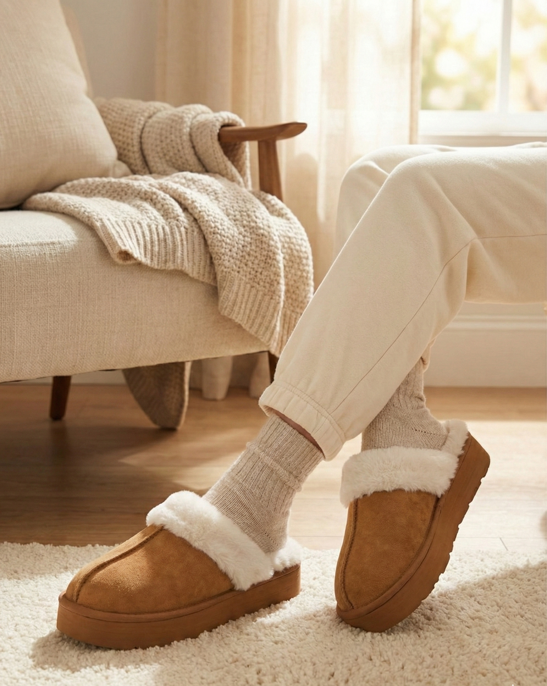 The Cabin Cozy Sherpa Platform Slipper- tan