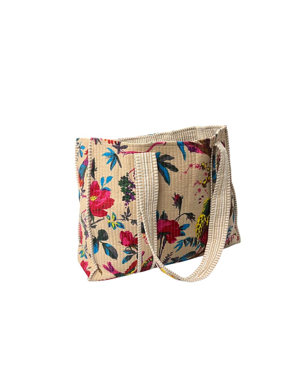 Handmade Reversible Quilted Cotton Tote Bags with Bird Design- Beige