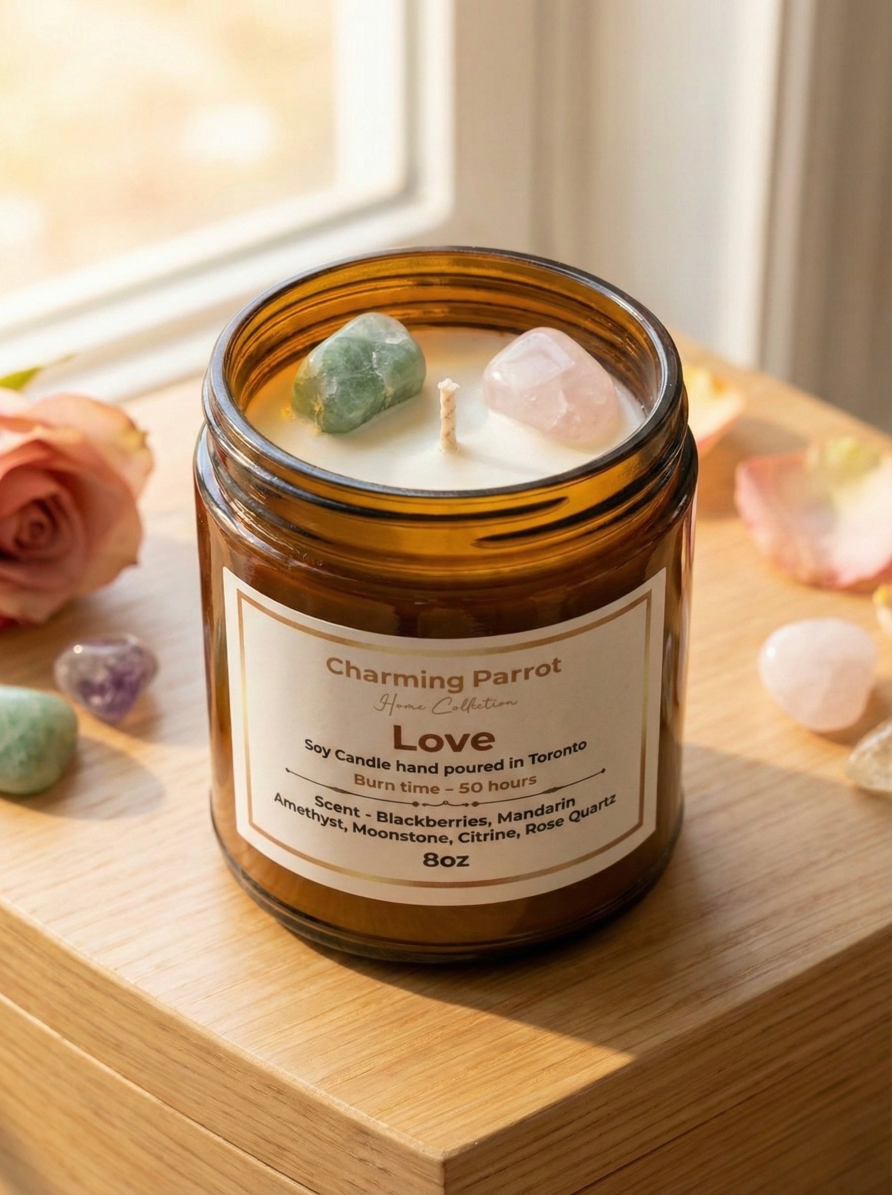Love Soy Candle with heeling stones- 8 Oz