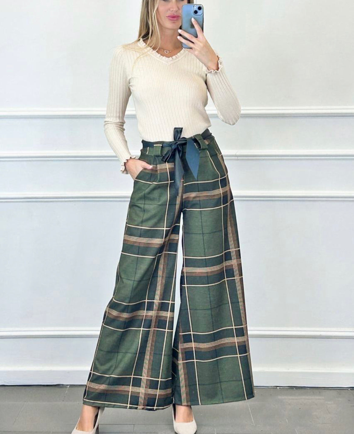 Carrie Plaid Wide Leg Pants with Belt