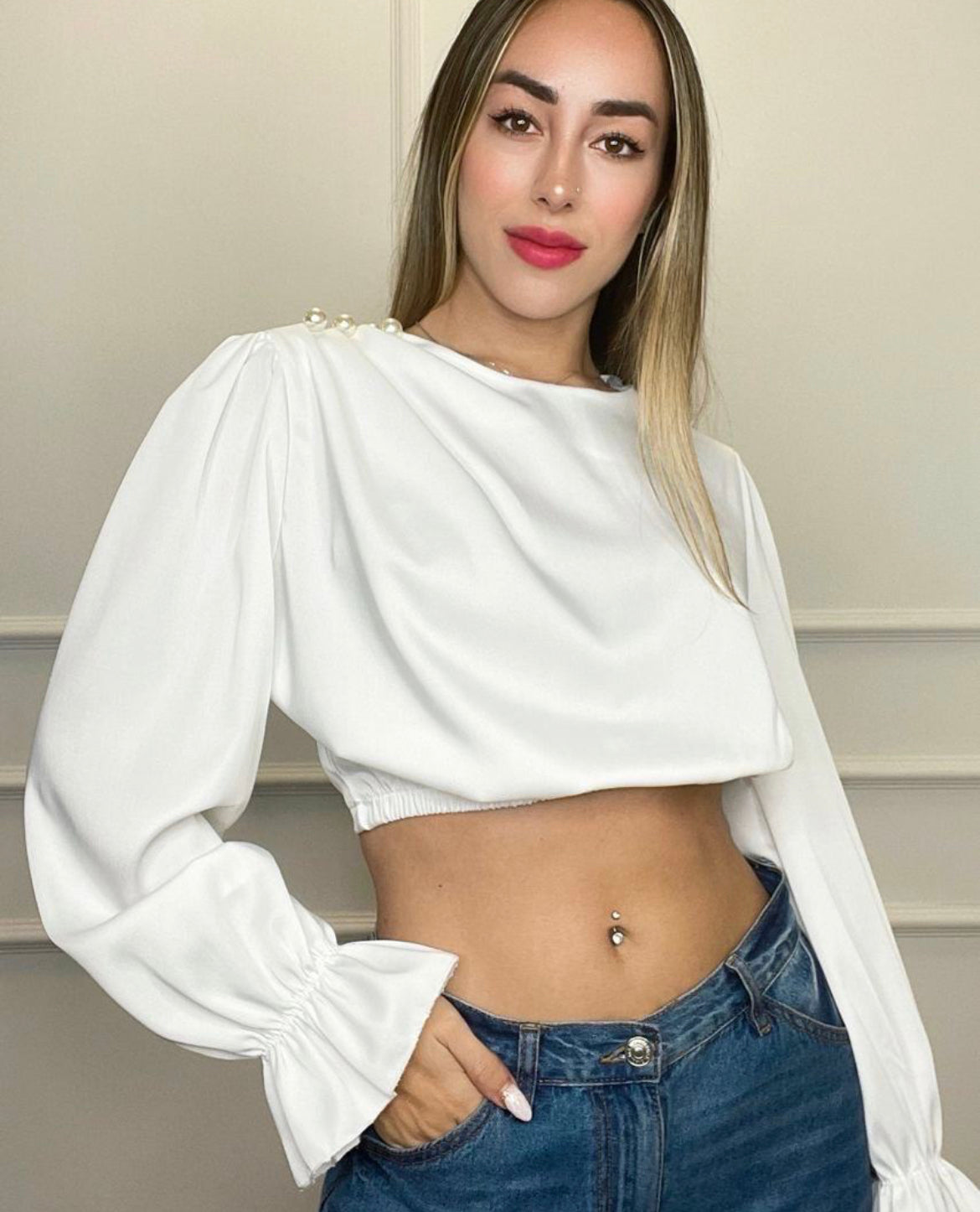 Rita Cropped Top with Pearls on Shoulder