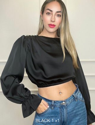 Rita Cropped Top with Pearls on Shoulder