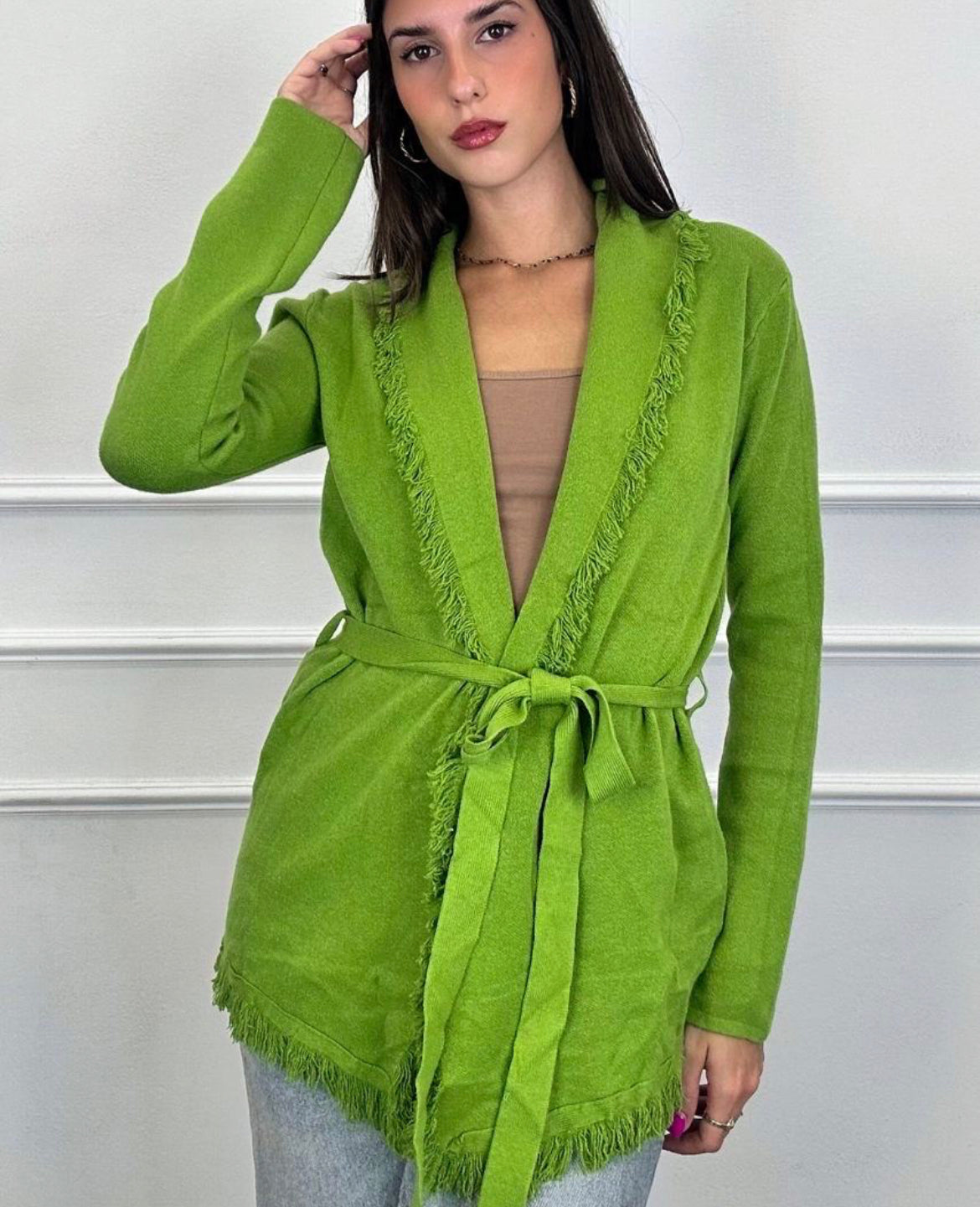 Mona Fringed Long Sleeve Sweater with Tie