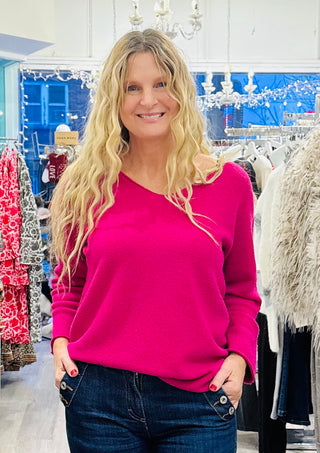 Muskoka V-Neck Sweater- Fuschia