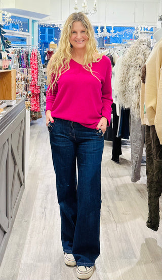 Muskoka V-Neck Sweater- Fuschia