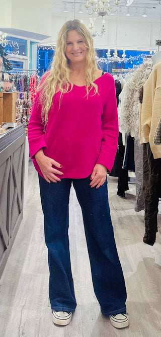 Muskoka V-Neck Sweater- Fuschia