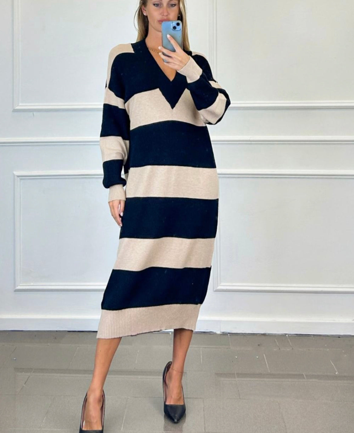 Rina Striped knitted v-neck Dress