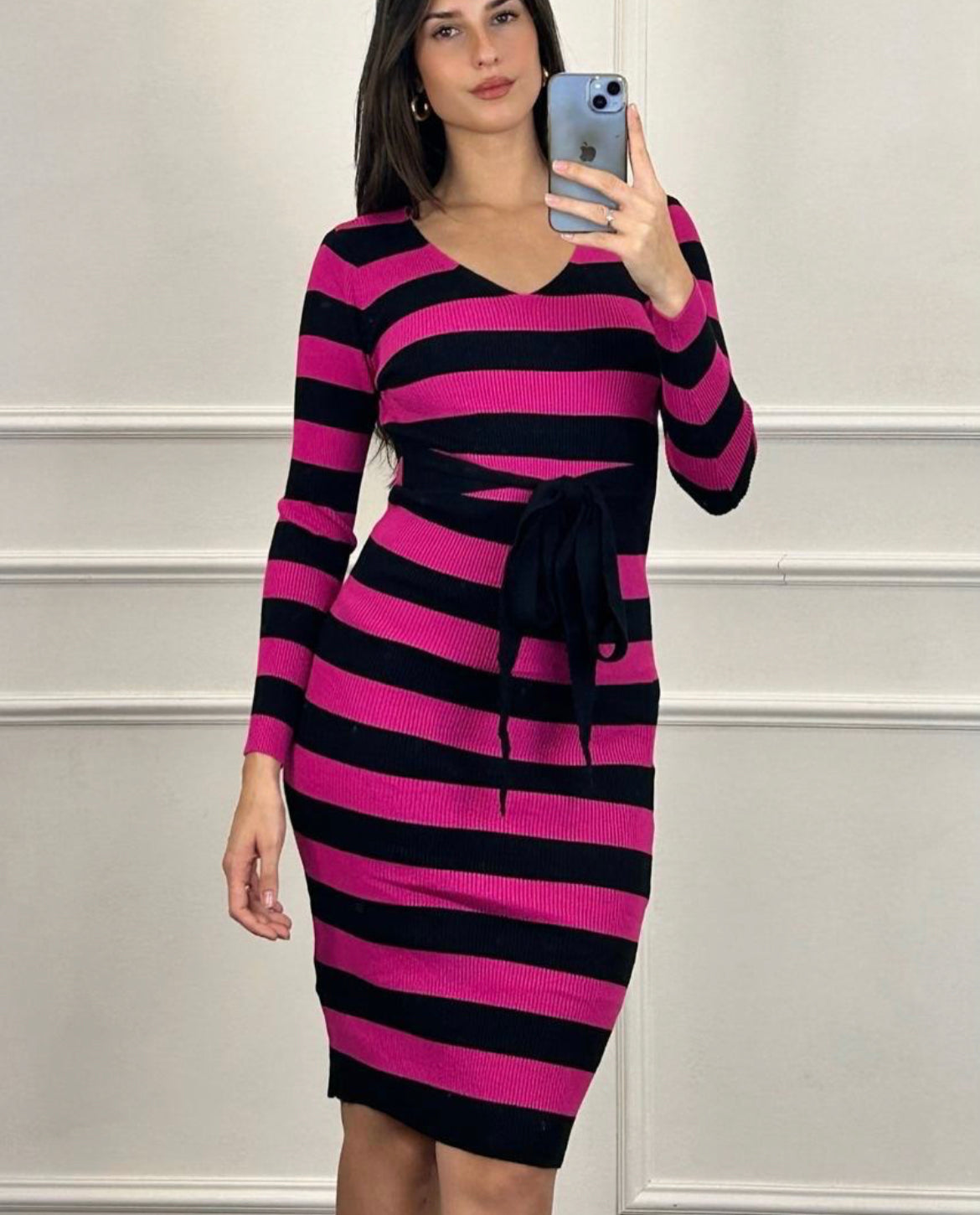 Siren Striped Fitted Sweater dress with tie