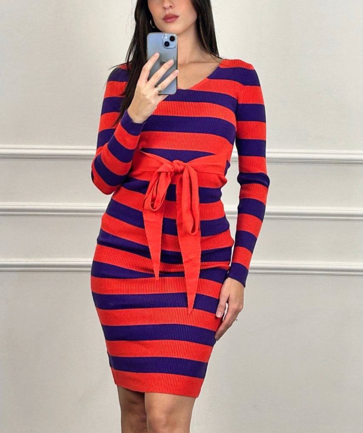 Siren Striped Fitted Sweater dress with tie