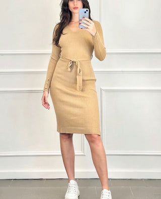 Elouise Knit Fitted Dress with belt and button sleeve