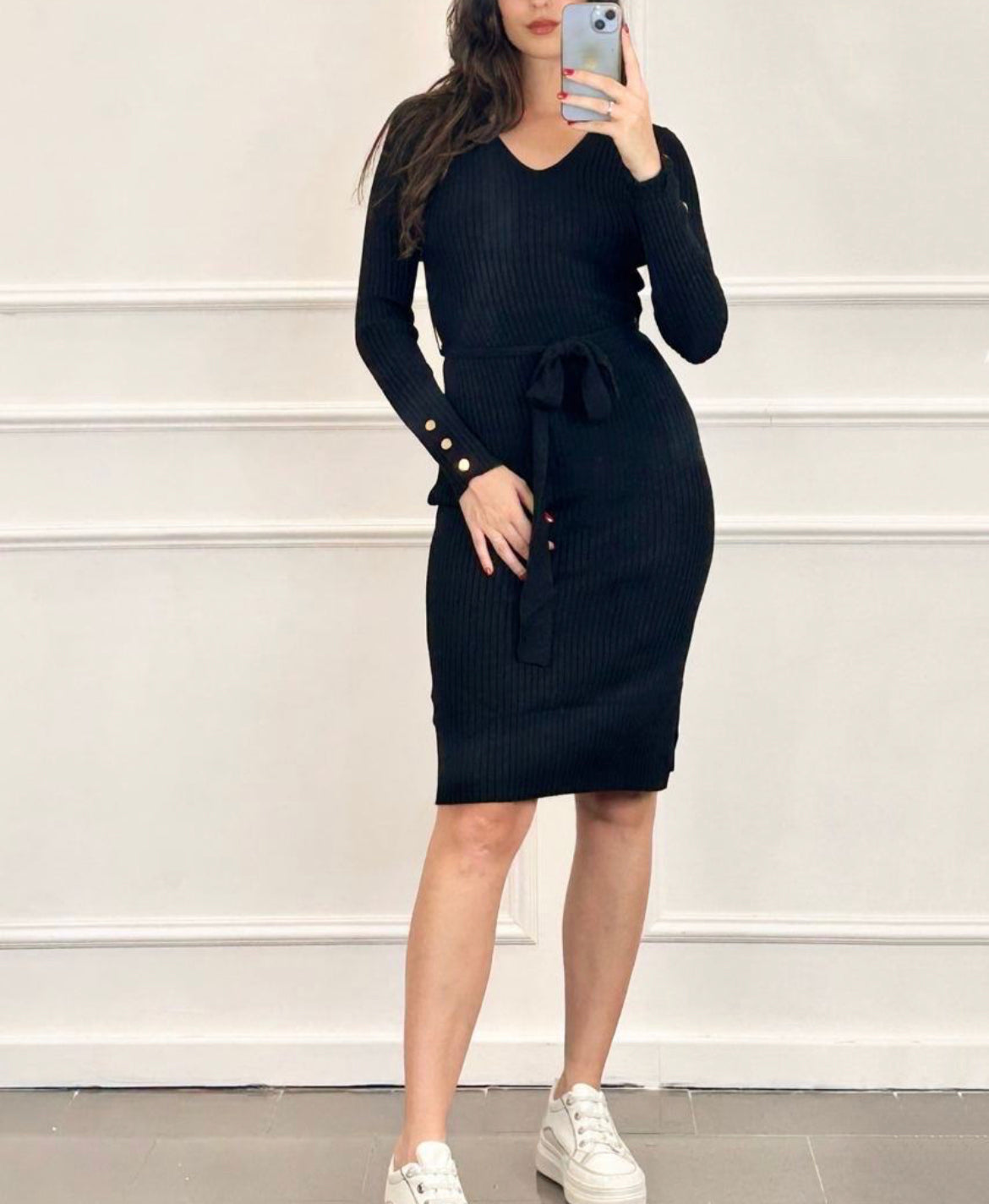 Elouise Knit Fitted Dress with belt and button sleeve