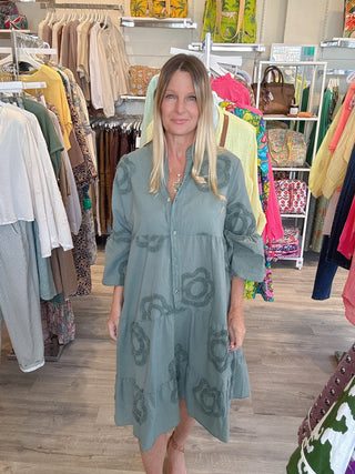 Lorren Cotton button down Dress with Applique embroidery- olive
