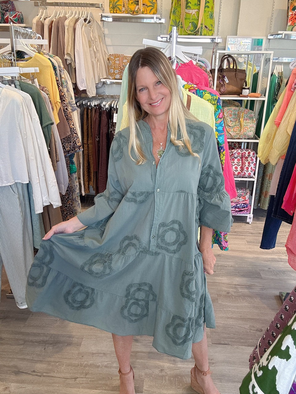 Lorren Cotton button down Dress with Applique embroidery- olive