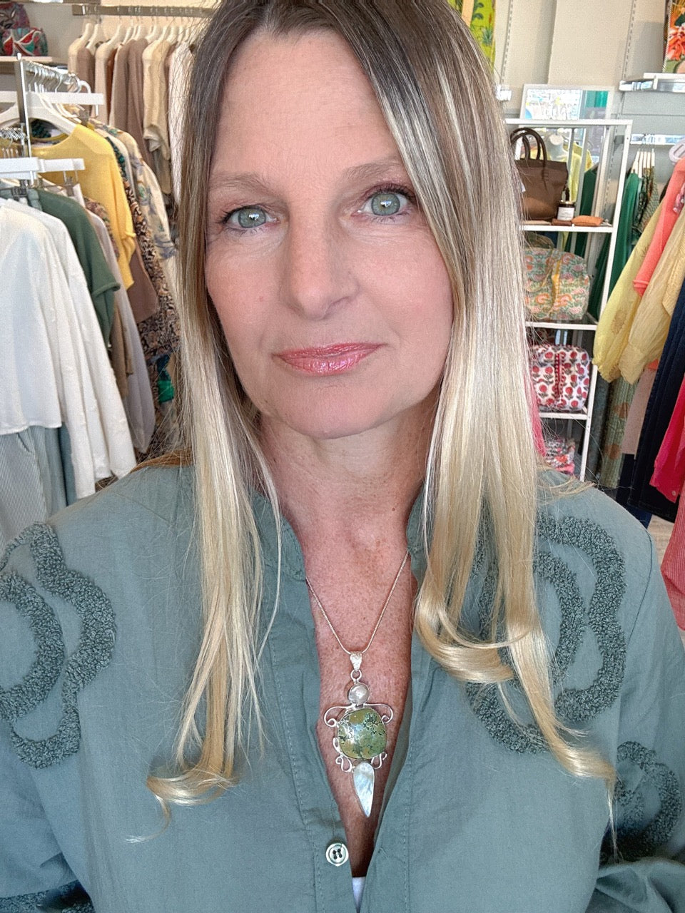 Lorren Cotton button down Dress with Applique embroidery- olive
