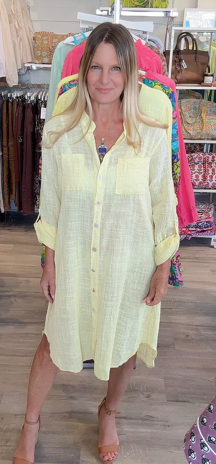 St. Barts Cotton Striped Shirt Dress- Yellow-Made in Italy