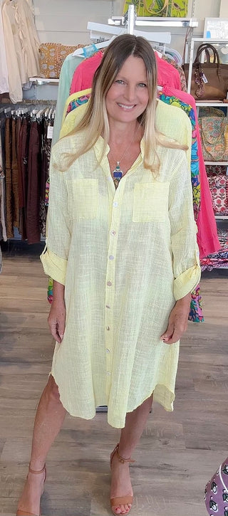 St. Barts Cotton Striped Shirt Dress- Yellow-Made in Italy