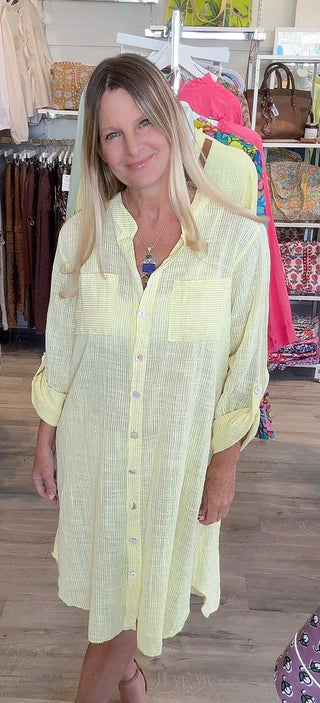 St. Barts Cotton Striped Shirt Dress- Yellow-Made in Italy