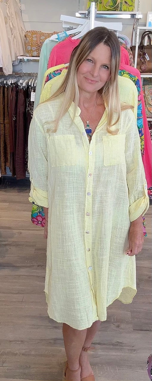 St. Barts Cotton Striped Shirt Dress- Yellow-Made in Italy