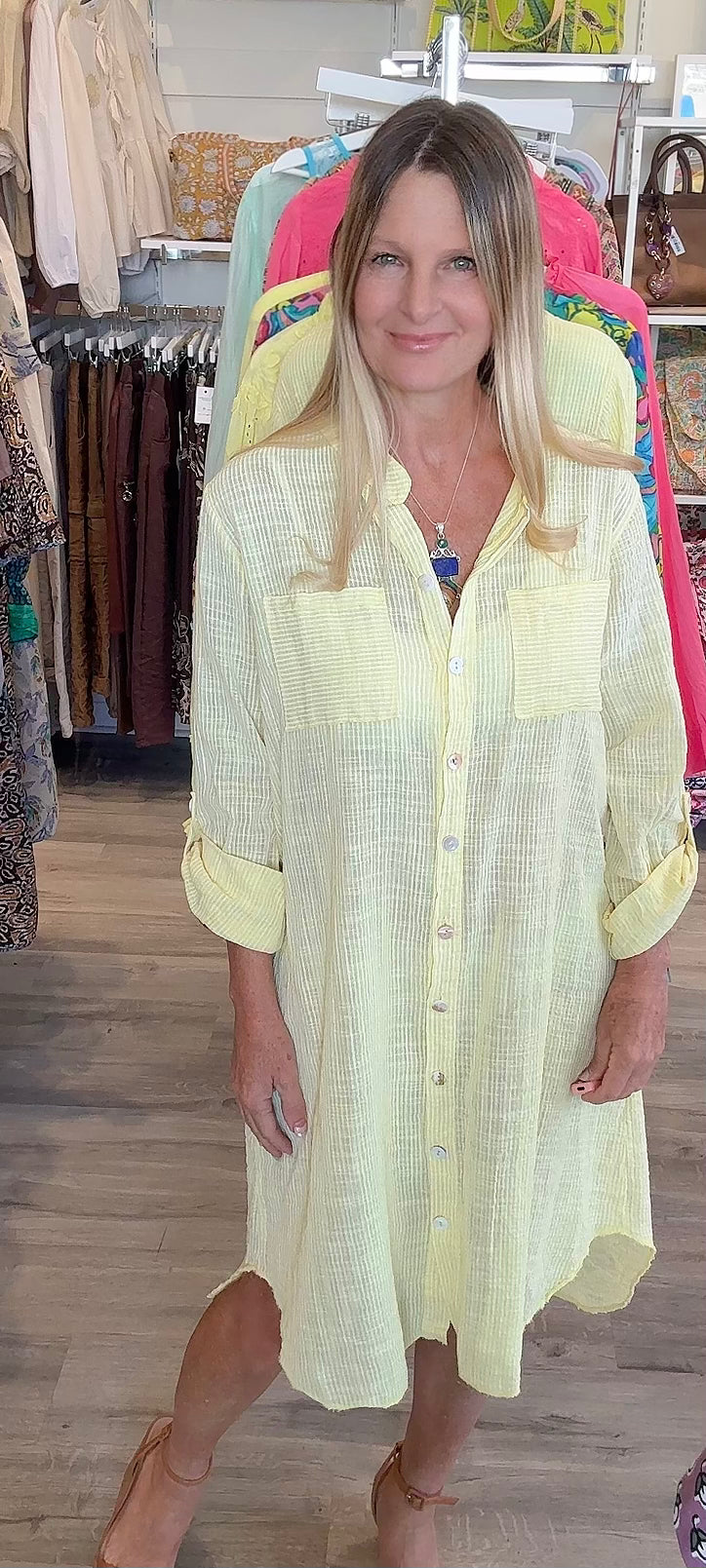 St. Barts Cotton Striped Shirt Dress- Yellow-Made in Italy