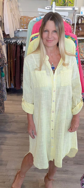 St. Barts Cotton Striped Shirt Dress- Yellow-Made in Italy
