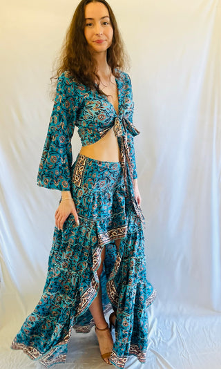 Delilah Hi Low Silk Skirt and Top Blue Floral Outfit Sets