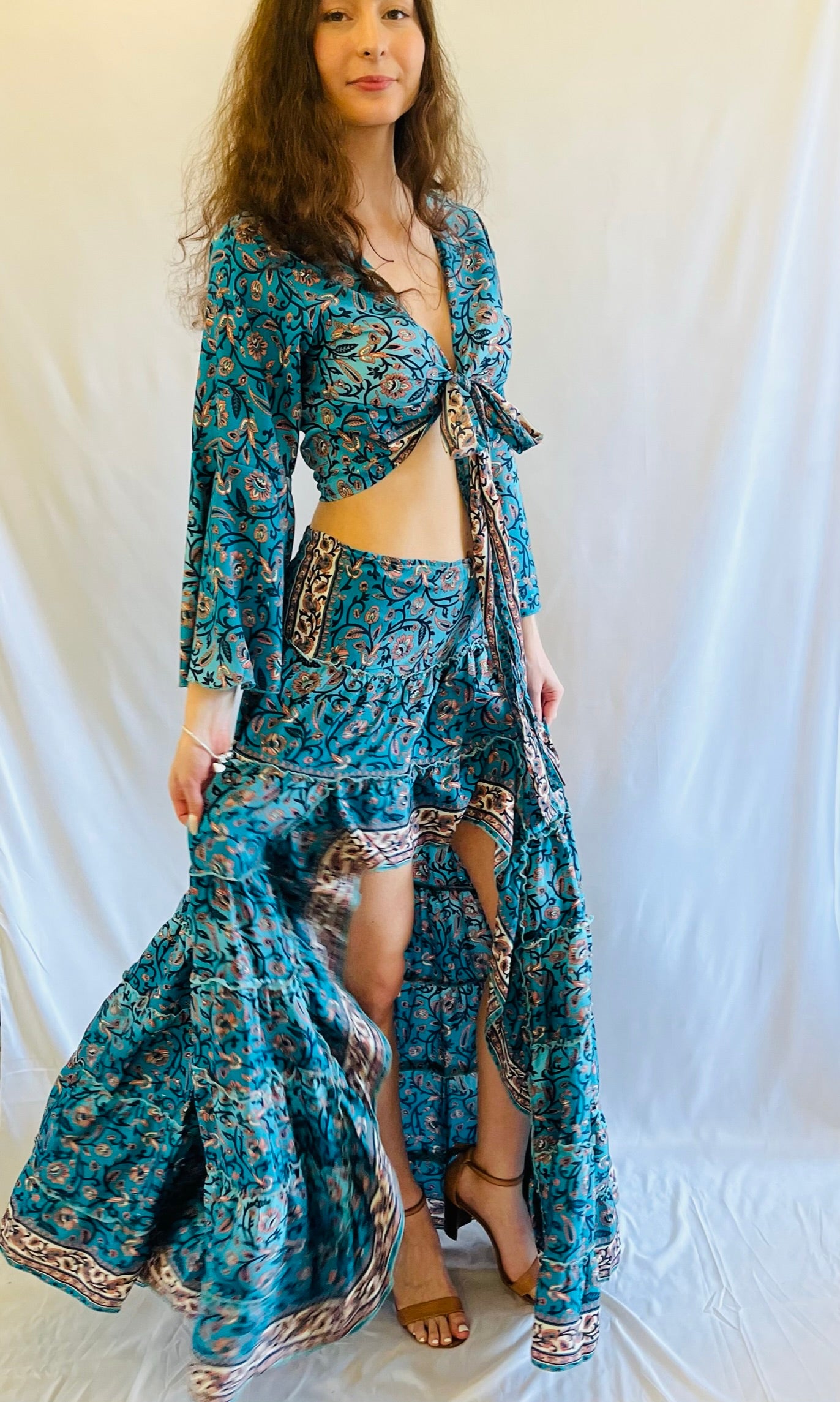 Delilah Hi Low Silk Skirt and Top Blue Floral Outfit Sets