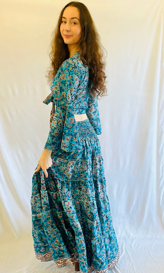 Delilah Hi Low Silk Skirt and Top Blue Floral Outfit Sets