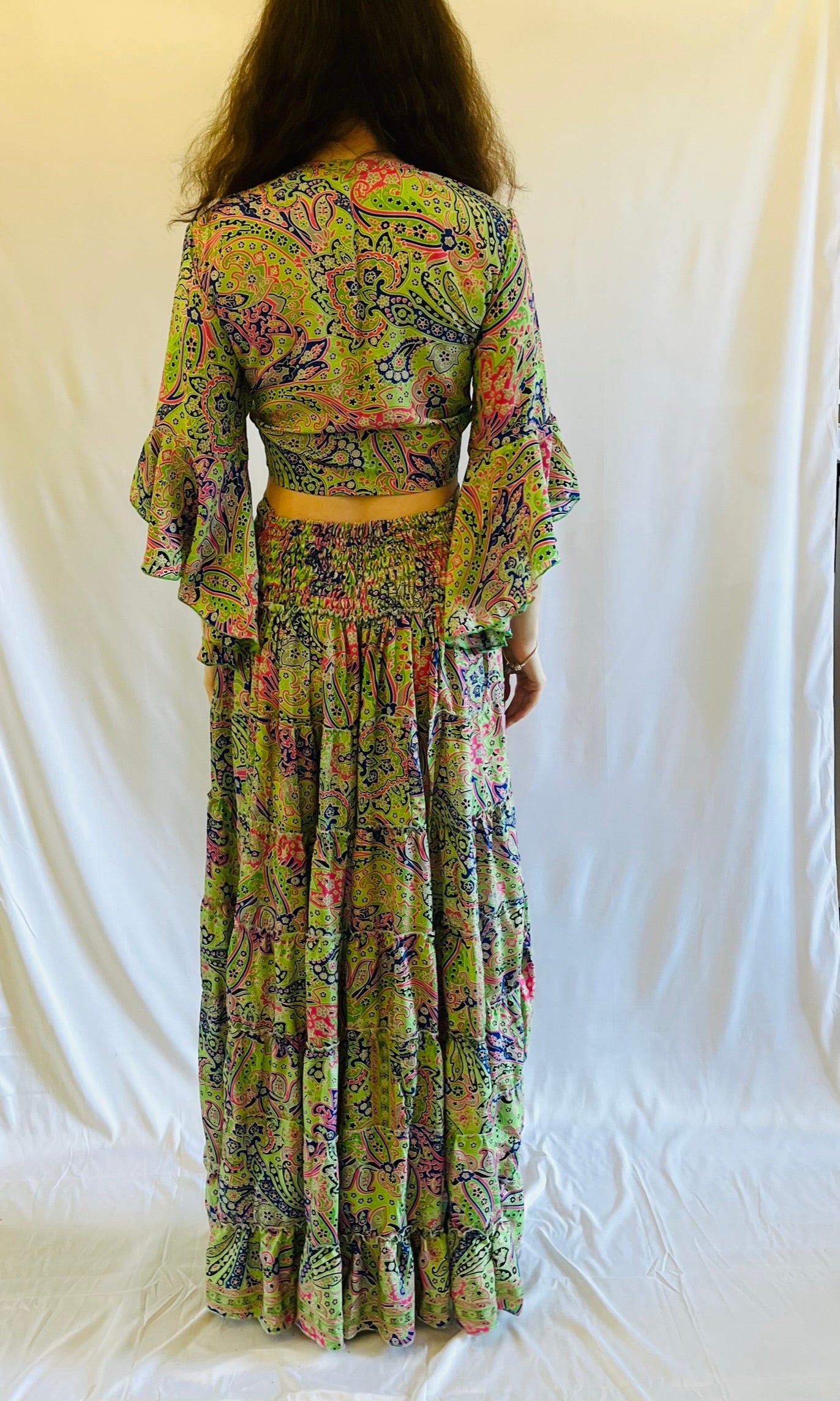 Delilah Hi Low Silk Skirt and Top Lime Green Outfit Sets
