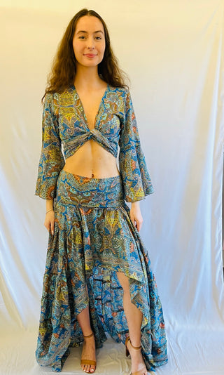 Delilah Hi Low Silk Skirt and Top Blue Paisley Outfit Sets