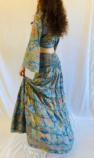 Delilah Hi Low Silk Skirt and Top Blue Paisley Outfit Sets