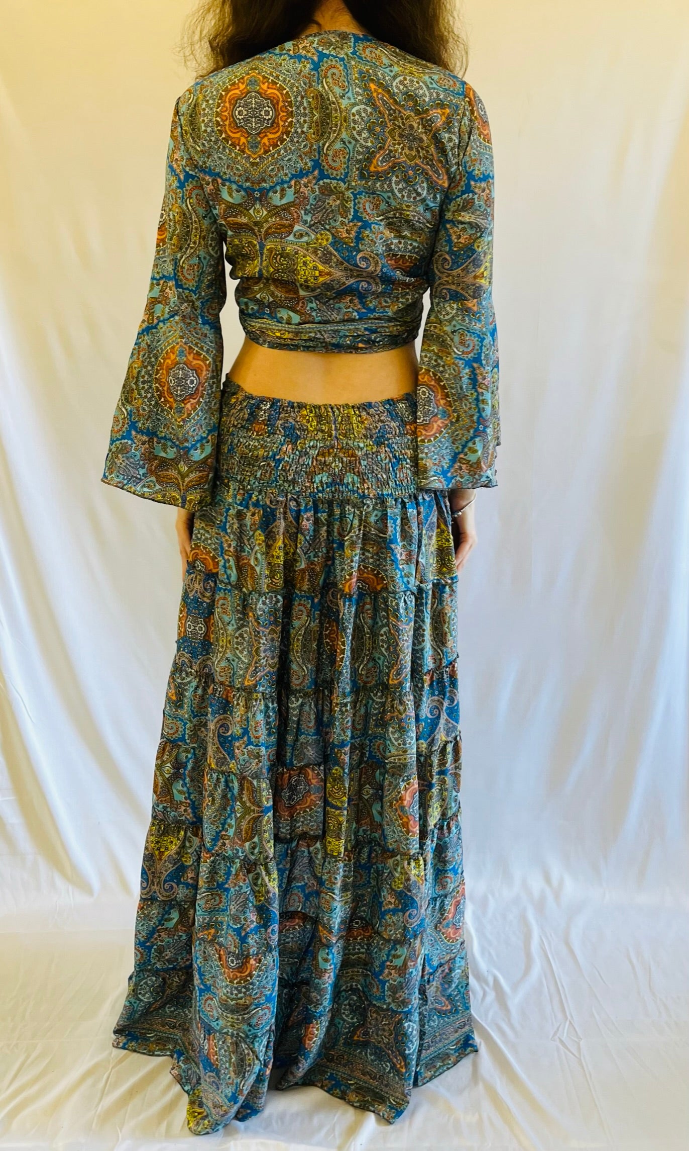 Delilah Hi Low Silk Skirt and Top Blue Paisley Outfit Sets