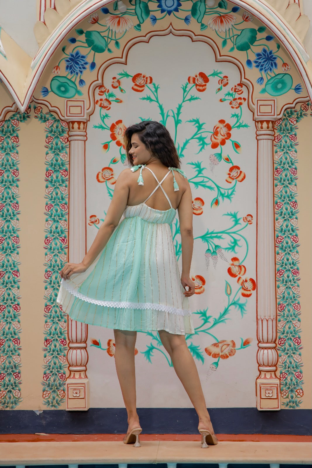 Lorella Turquoise Rayon Lurex Short Dress