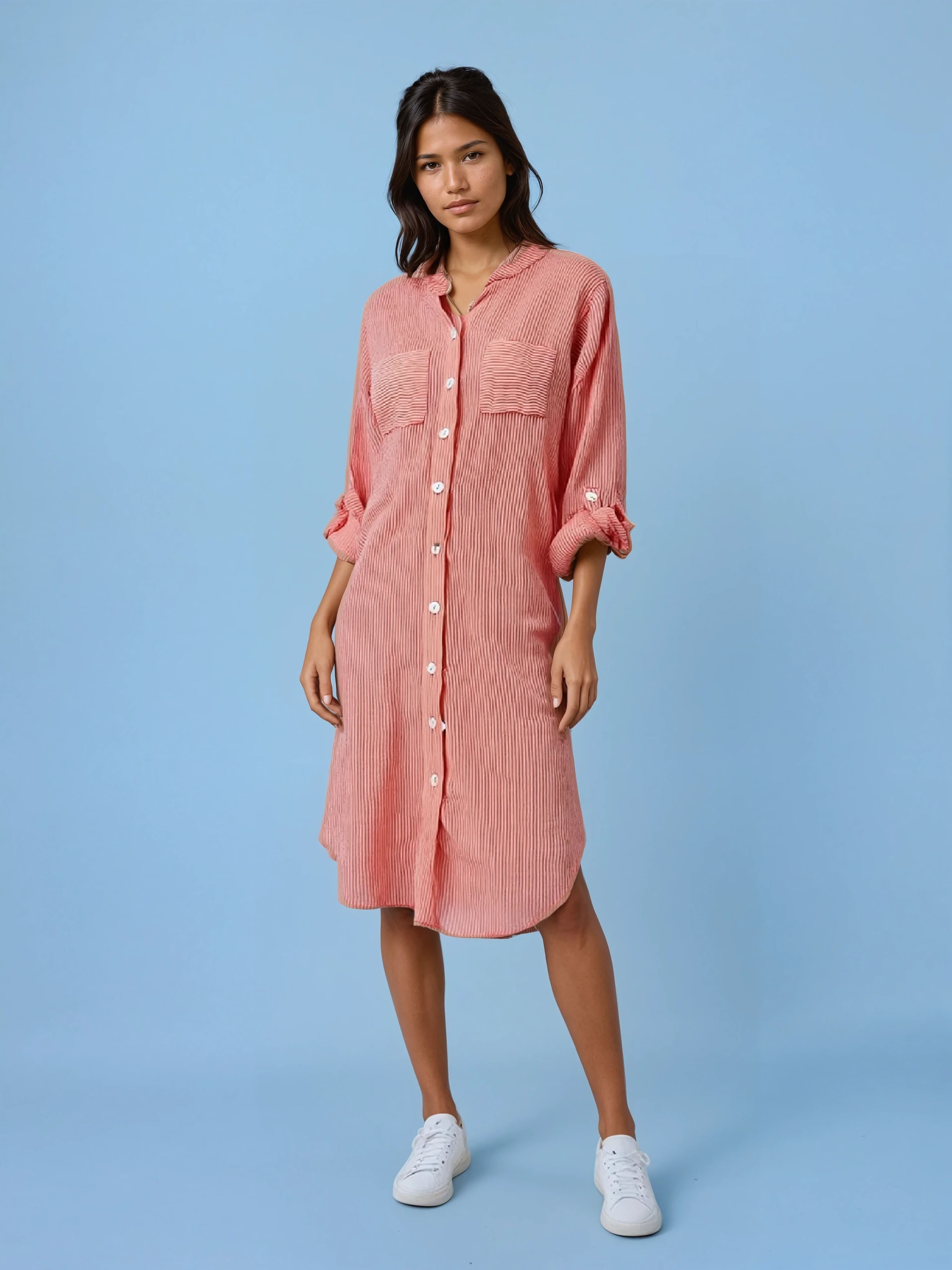 St. Barts Cotton Striped Shirt Dress-Orange- Made in Italy
