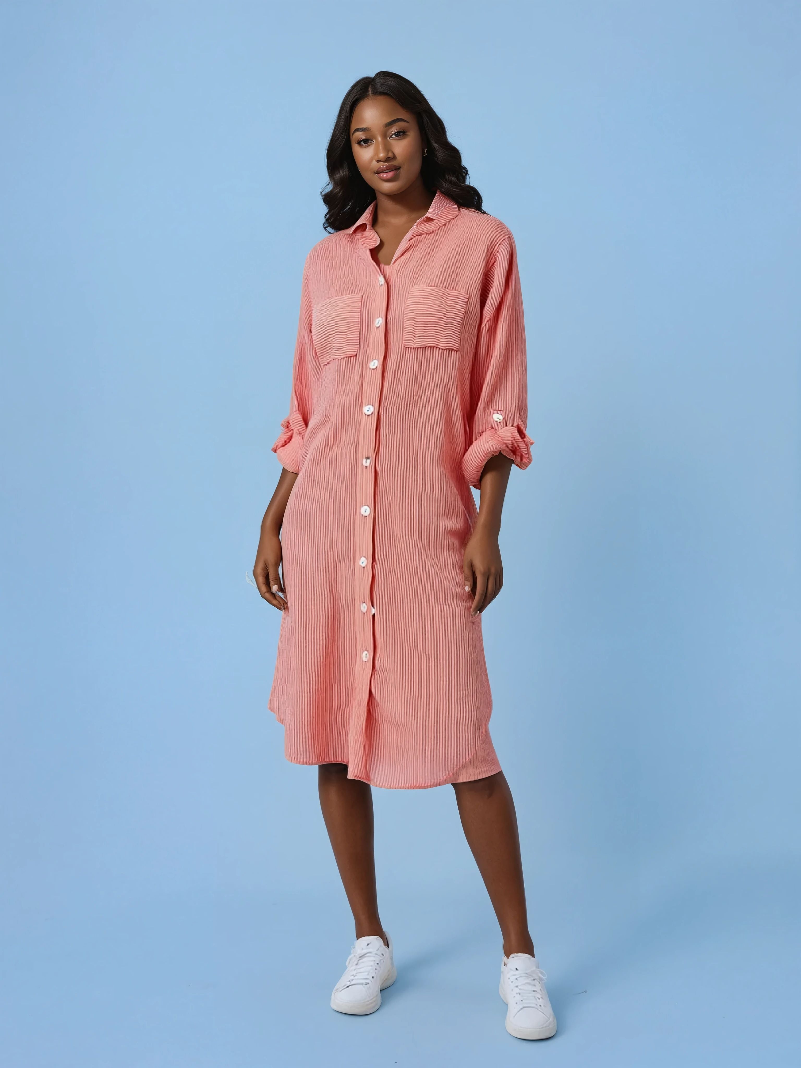 St. Barts Cotton Striped Shirt Dress-Orange- Made in Italy