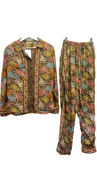 Lucca Brown Silk 2 Piece Pajama Set with matching bag