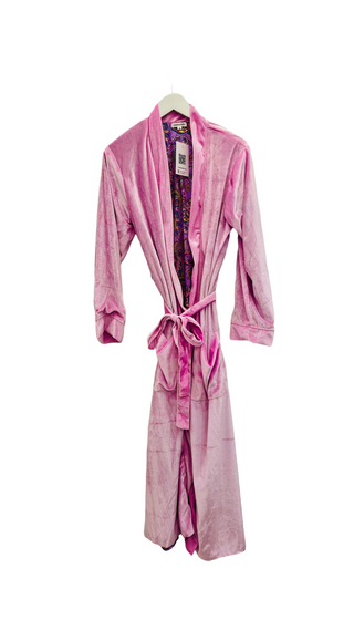 Lorena Lavish Reversible Silk/Velour Long Robe with belt- pink
